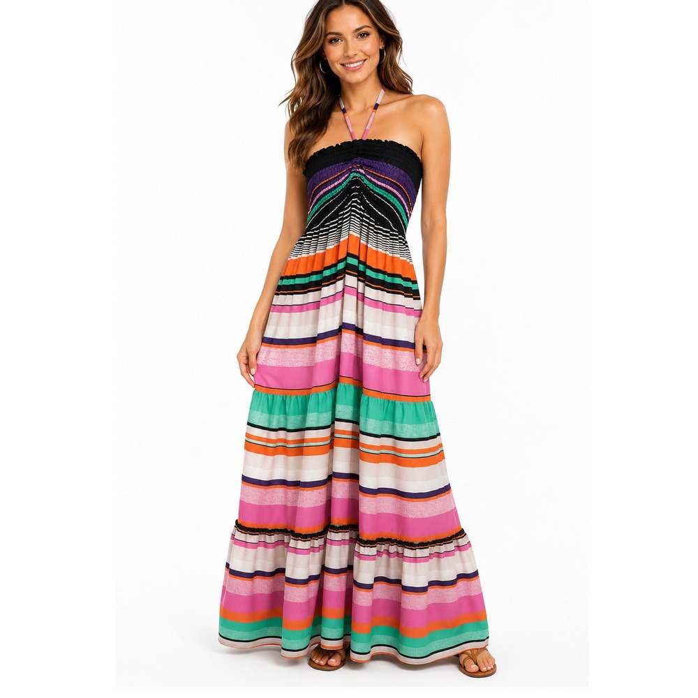Multicolor Striped Smocked Halter Maxi Dress Women's M Boho Summer